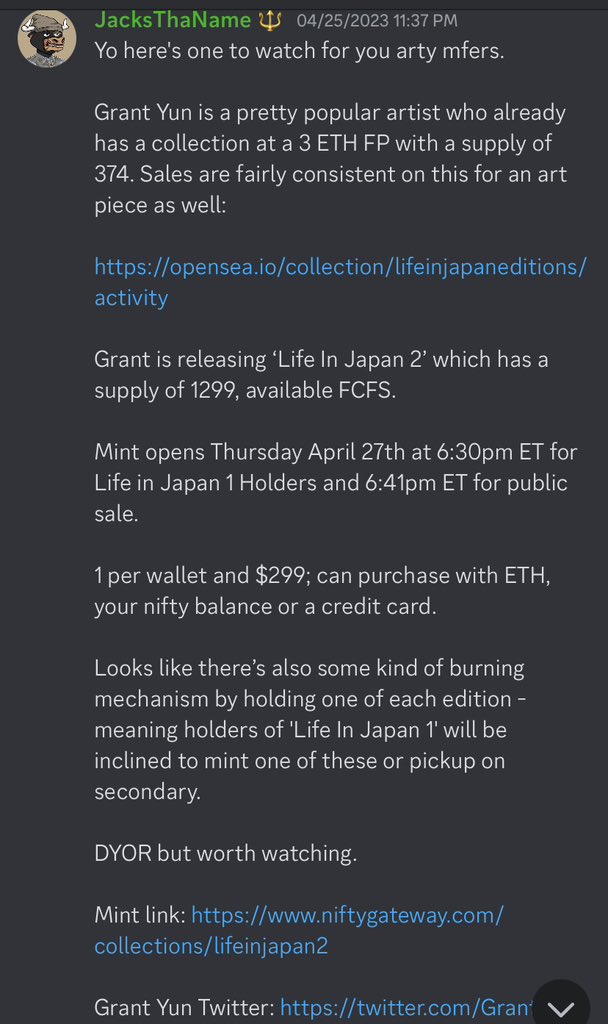 Call shared by one of our EncryptxD members🟢

Life in Japan 2 by <a href="/GrantYun2/">Grant</a> was shared days ago by @Jacks_tha_name 

$299 Mint -> $990+

We work as a single community Unit in EncryptxD with all members providing alpha and value in their own way

Team work makes the dream work 🤝