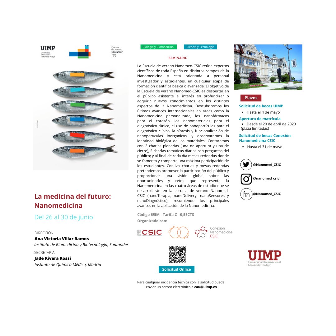 Nanomed_CSIC's tweet photo. ¿Estás en tus primeros años de doctorado? ¿Te apasiona la #Nanomedicina y tienes una vinculación laboral con uno de los grupos de @Nanomed_CSIC? ¡Anímate! Tenemos 10 ayudas económicas para realizar  la Escuela Nanomed-CSIC que hacemos junto con la @UIMP
👉https://t.co/f8rs0KCbwl https://t.co/9kZvHAKYf6