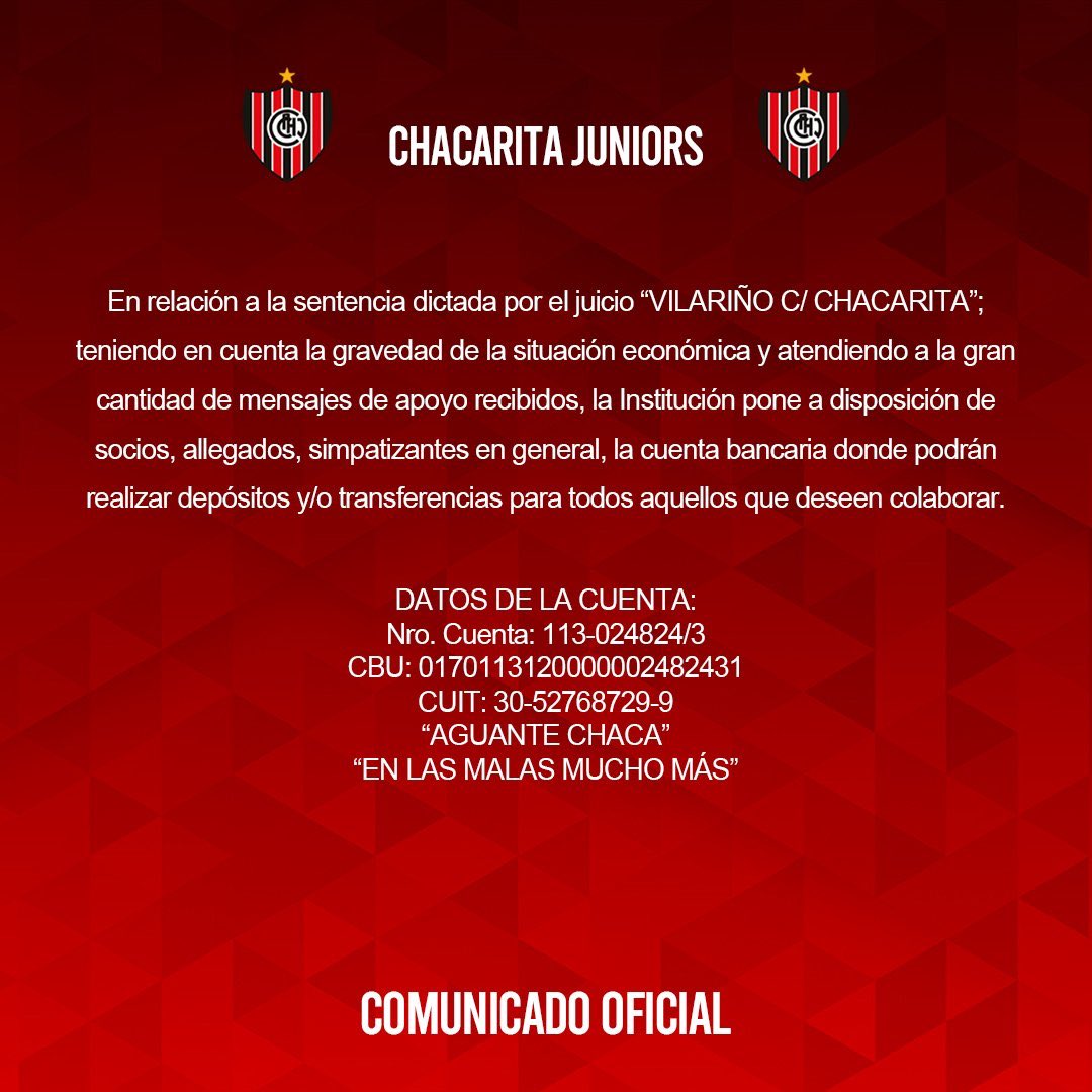 Chk1969's tweet photo. Se acerca el cumple de nuestro CHACA y que mejor sorpresa si entre todos le hacemos un regalo? 

Los invito a depositar 1000 pesos como mínimo en el CBU del CLUB Y adjuntar el comprobante como respuesta a este Tweet!

Demostremos cómo somos💪

RT

#CUMPLECHACA🇸🇾
#CUMPLIMOSTODOS🤝 https://t.co/2HEboa2DLa