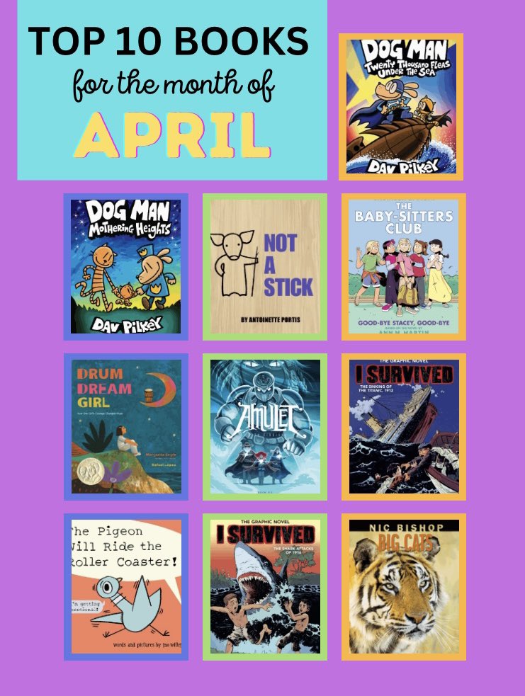 Here are @BattleGroveES top 10 books circulated during the month of April- the new Dog Man books just arrived a few weeks ago and have already circulated 14 times! #bcpslms #AASLslm