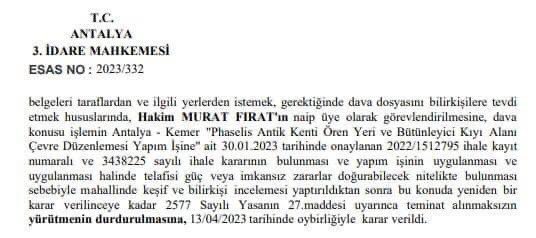 Phaselis’te bakanlık eliyle uygulanan projede mahkeme 13 Nisan’da yürütmeyi durdurma kararı verdi ancak inşaatın seçimlere kadar bitirilmesi için uğraşılıyor. Turizmin başkenti denilen Antalya’da bugüne kadar silahlı askerler eşliğinde bir inşaat yapıldığı görülmüş değil.