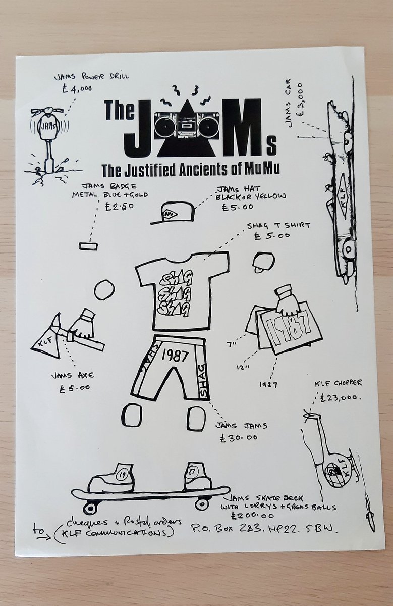 SpunOutSounds's tweet photo. Wonder if anyone attempted to buy any (fictional?) merch on the flyer with the #JustifiedAncientsOfMuMu #1987 album? #KLF #JAMS @KLF_Online #JustifiedAndAncient 
Maybe @djfood has an insight? https://t.co/ptLjzQ8bXU