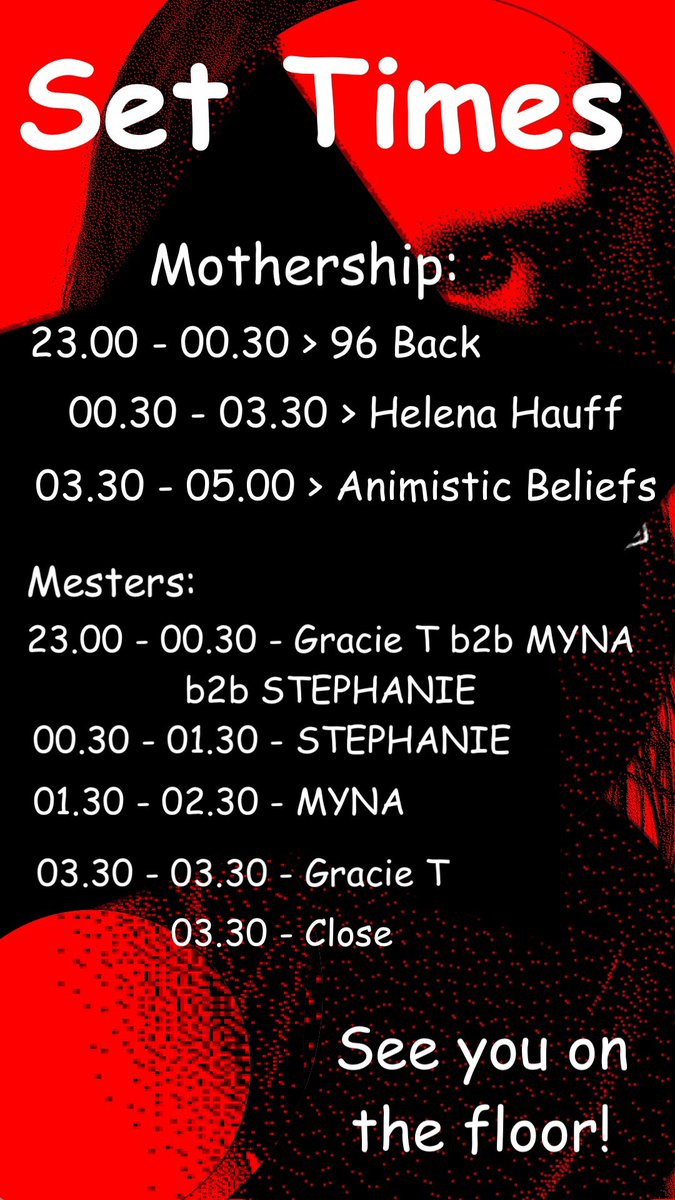 Set times tonight! Are you ready!?
<a href="/96Back1/">96 Back</a> <a href="/AnimisticBelief/">Animistic Beliefs</a> 
Tickets - ra.co/events/1670976