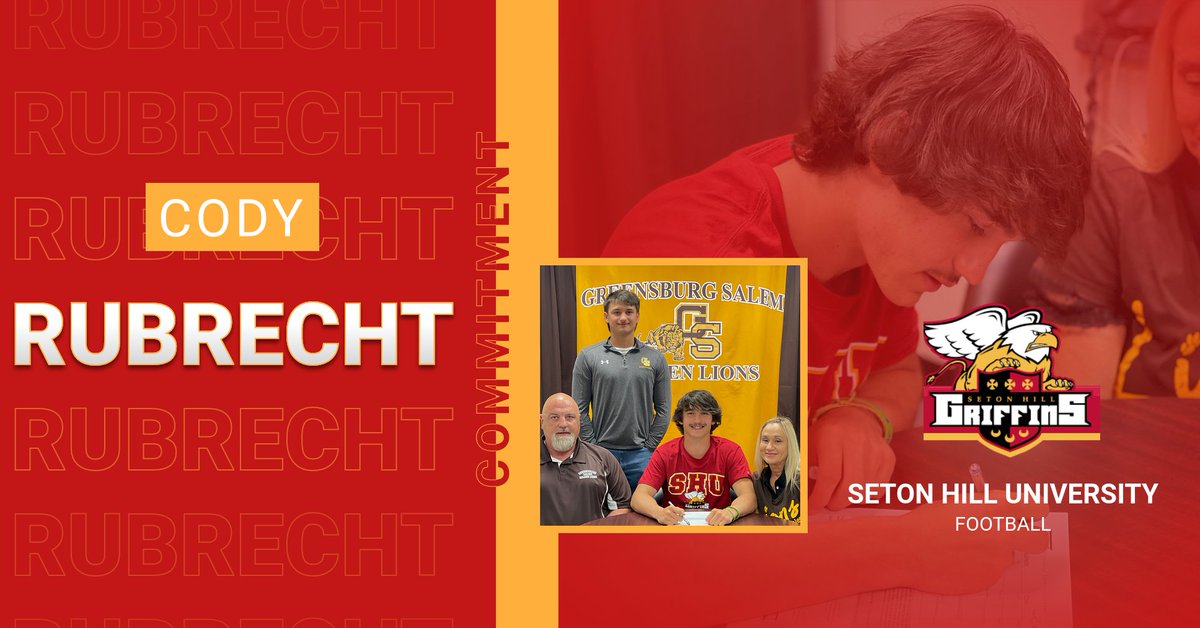 GS_SportsUpdate's tweet photo. Congratulations to Cody Rubrecht for signing with Seton Hill to continue his academic and football careers.  Cody is a 3-sport athlete for the Golden Lions and holds numerous football records. He will study Engineering in college. https://t.co/H9sxCDcsjk