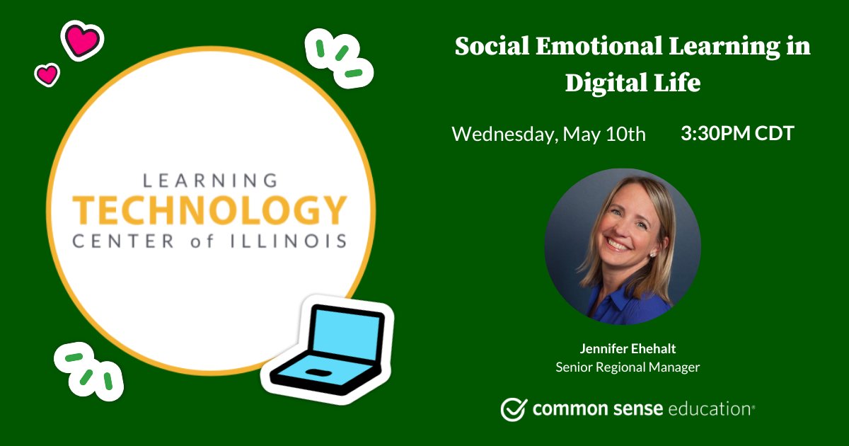 CommonSenseEd's tweet image. Join Sr. Regional Manager @jehehalt for a webinar on &quot;Social Emotional Learning in Digital Life&quot; for the @ltcillinois on Wednesday, May 10th at 3:30pm CDT!

To register for this FREE webinar: ltcillinois.org/event/social-e…

#CommonSensePD #Outreach #Webinar