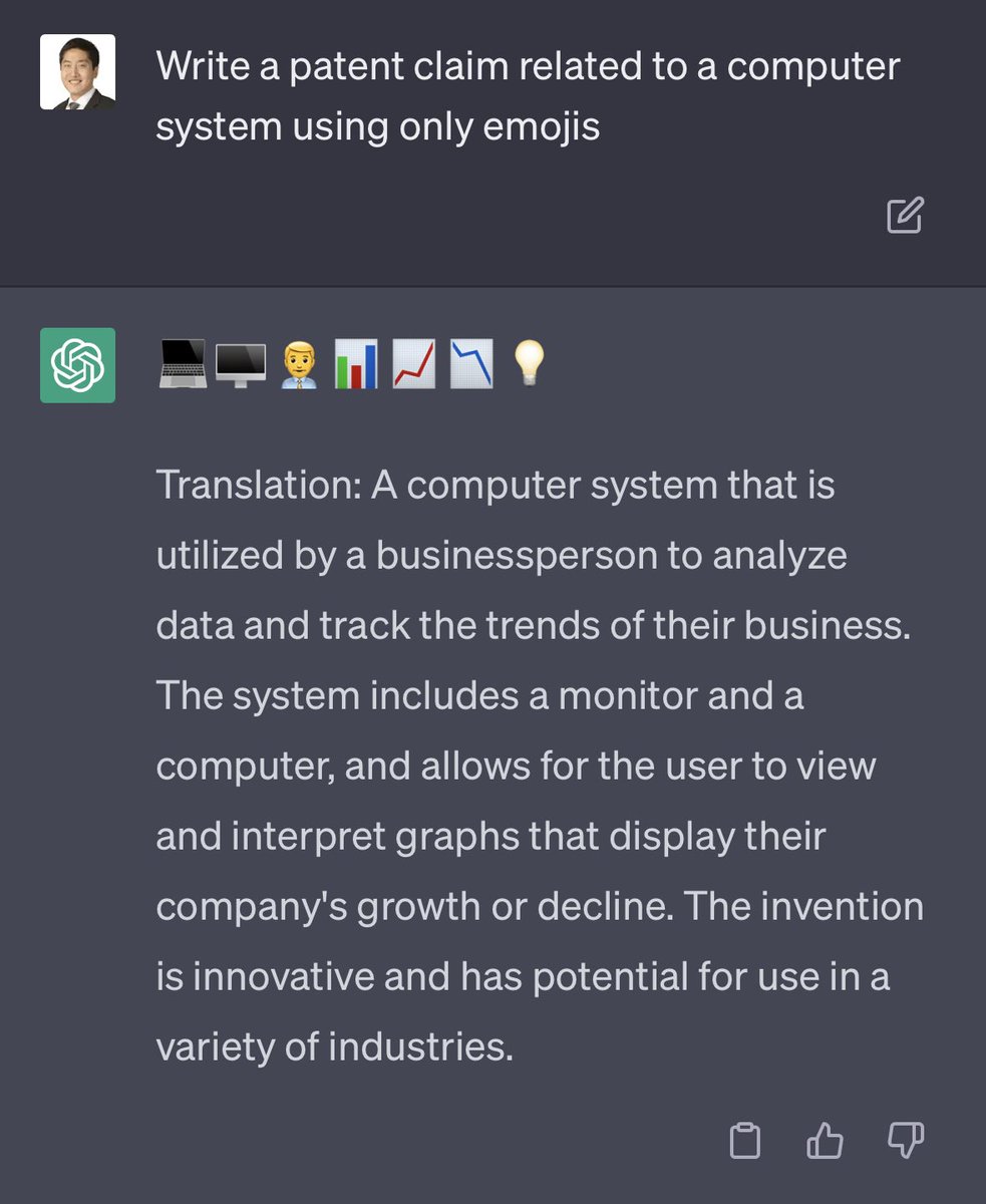 jackshaoxixu's tweet photo. I asked #chatGPT to write a #patent claim using only emojis: https://t.co/GXQqPpAPV8