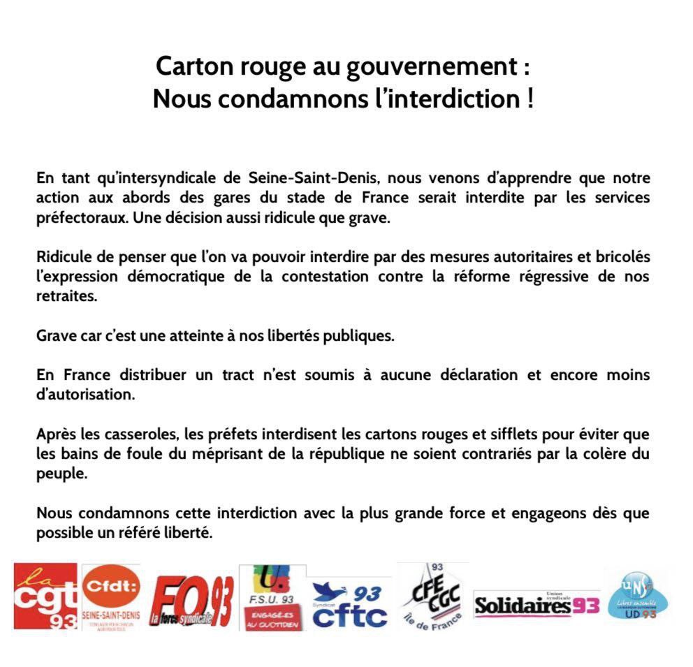 LaurentSOREL1's tweet image. Donc maintenant le gouvernement interdit aux syndicats de distribuer #cartonsrouges, tracts et sifflets pour que Macron ne soit pas  "dérangé" au #stadedefrance ?  C quoi qu'ils ne comprennent pas dans le mot #democratie ?