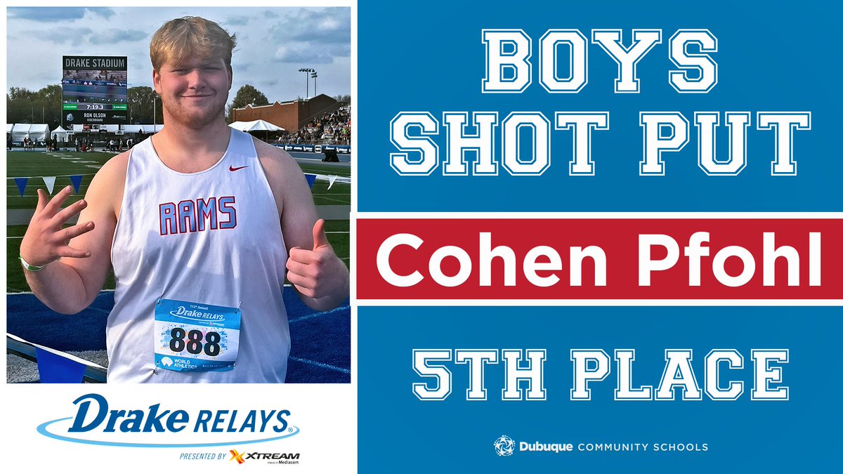 dbqschools's tweet photo. Congratulations to Dubuque Senior High School student Cohen Pfohl on his 5th place win at the Drake Relays! #DBQSchoolsProud #ThreeRamClap 👏👏👏 https://t.co/buOLeXMhW3