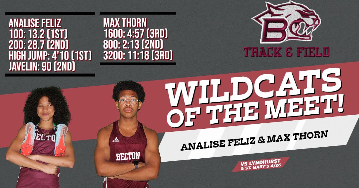 BectonXCTrack's tweet image. Wildcats of the Meet!!! (4/26 vs Lyndhurst and St. Mary’s)  Keep up the great work Cats! @BectonHS @BectonAthletics #BectonTrackandField #BectonsBest