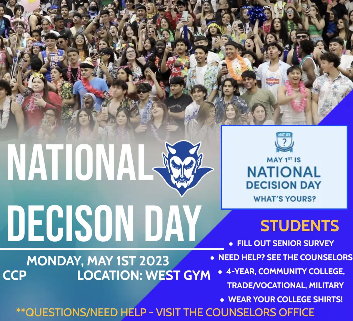 SENIORS:  This Monday, May 1st is National Decision Day. Seniors across the country will be celebrating their commitments to their post-secondary plans.

Seniors make sure that you have filled out your Senior Survey. 

Go Blue Devils!! <a href="/CounselingSSHS/">SSHS Counseling</a>