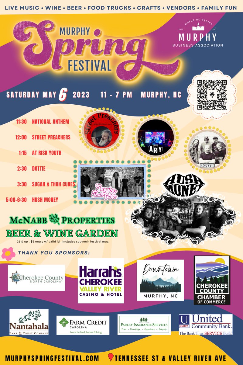 Murphy Spring Festival SATURDAY MAY 6th 11:00am - 7:00pm
5 Bands
21 Breweries, Wineries, and Food Trucks
40 + Artists and Craft Vendors
Bounce Houses, Carnival Games, Face Painting, &amp; All the Family Fun!
Did we mention a free photo booth, Axe Throwing, and LIVE MUSIC ALL DAY?!