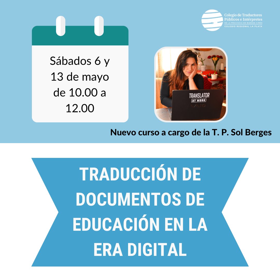 CtpipbaLP's tweet photo. Sábados 6 y 13 de mayo de 10.00 a 12.00. ⁠Matriculados con cuota al día, estudiantes de la carrera de traductorado y participantes de Futuros Matriculados: $3200; público general: $4.500
⁠Grabación: disponible durante una semana⁠. Inscripción: https://t.co/S8oYC7ydf3 https://t.co/xil1GJz53S