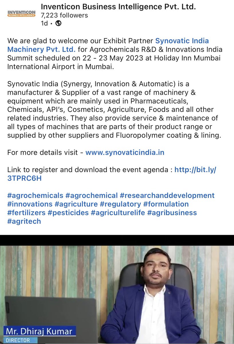 guptamba08's tweet photo. Agrochemicals R&D & Innovations India Summit 22 - 23 May 2023 at Holiday Inn Mumbai International Airport in Mumbai.
#synovaticindia #inventicon @Synovatic @InventiconBI https://t.co/SPJwodn1zd