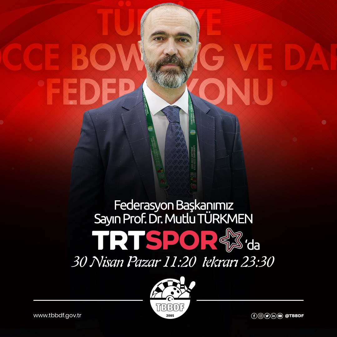 TBBDF's tweet photo. Başkanımız Prof.Dr. @MutluTurkmen Faaliyetlerimiz ve yapılan çalışmalar hakkında çeşitli bilgilendirmeler yapmak için @trtsporyildiz ‘da olacak.
Program 30 Nisan Pazar günü saat 11.20, tekrarı aynı gün 23.30’da yayınlanacak.
#bocce #bowling #dart #trtspor #trtsporyildiz #tbbdf https://t.co/HZP7olS3Mh