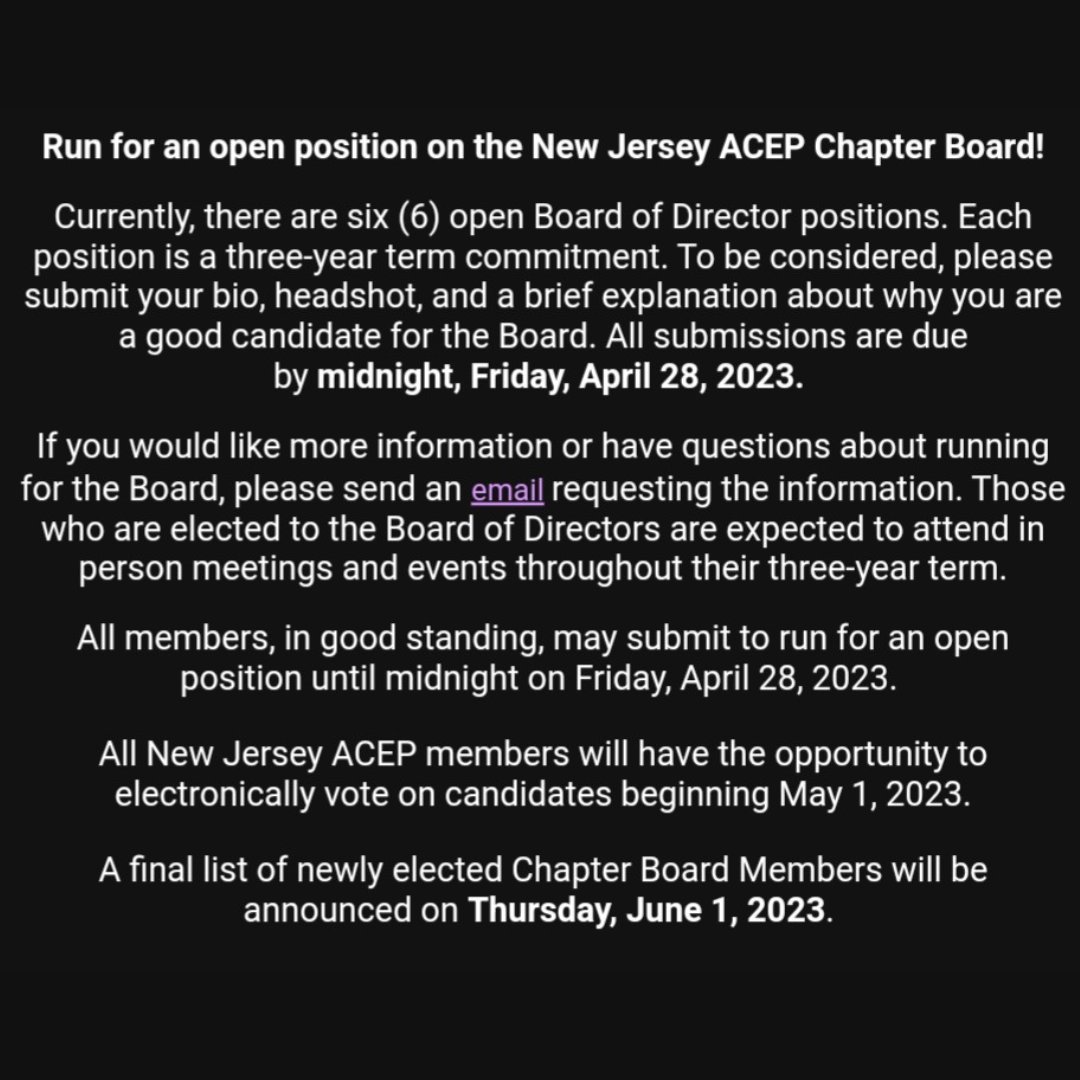 NJ-ACEP (@njacep) on Twitter photo Final Call!
Nominations close today for the New Jersey ACEP Chapter Board of Directors.
Submit your bio, headshot, and a brief summary explaining why you should be considered for a Board of Director position to jmoulton@acep.org.
#NJACEP #EmergencyMedicine #ACEP Final Call!
Nominations close today for the New Jersey ACEP Chapter Board of Directors.
Submit your bio, headshot, and a brief summary explaining why you should be considered for a Board of Director position to jmoulton@acep.org.
#NJACEP #EmergencyMedicine #ACEP