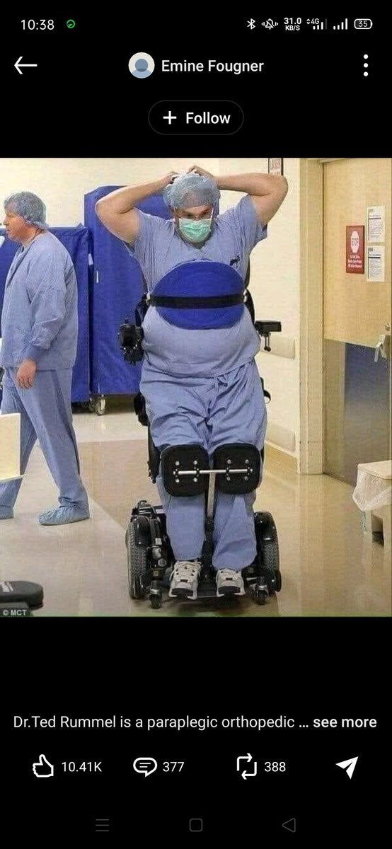 Drasadullah155's tweet photo. Dr.Ted Rummel is a paraplegic Orthopedic surgeon ( from Missouri) who operated patients on wheelchair. He lost ability to stand due to a repture of blood filled cyst in his supine (2010) and leave him paralyzed. 
And see know Just wow ! to his passion and dedication 👏 https://t.co/HQRT5PLKCg
