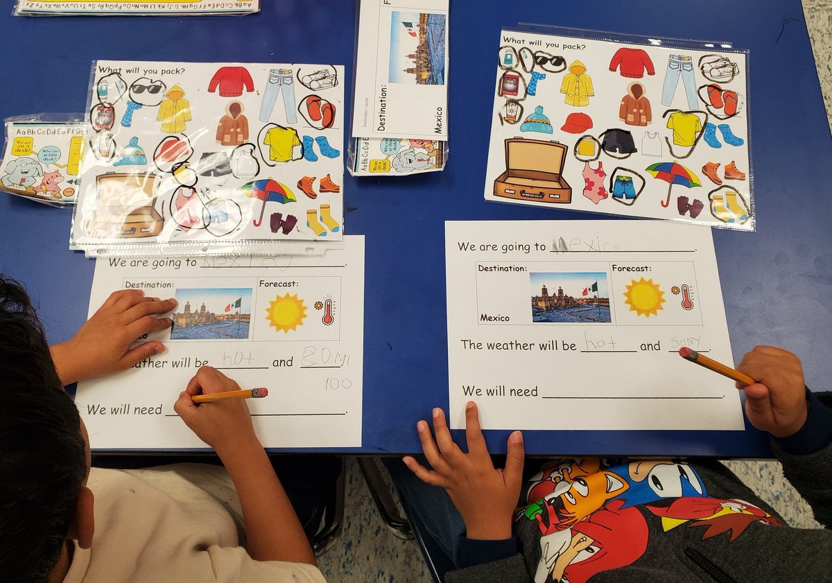 MeganReing's tweet photo. @KatieToppel I took your destination and forecast lesson and brought it to our kindergarteners! It was a hit! Day 1 we did listening and speaking and Day 2 we extended to writing. I will admit I did not dress as a flight attendant😉 https://t.co/mm2pU94nDw