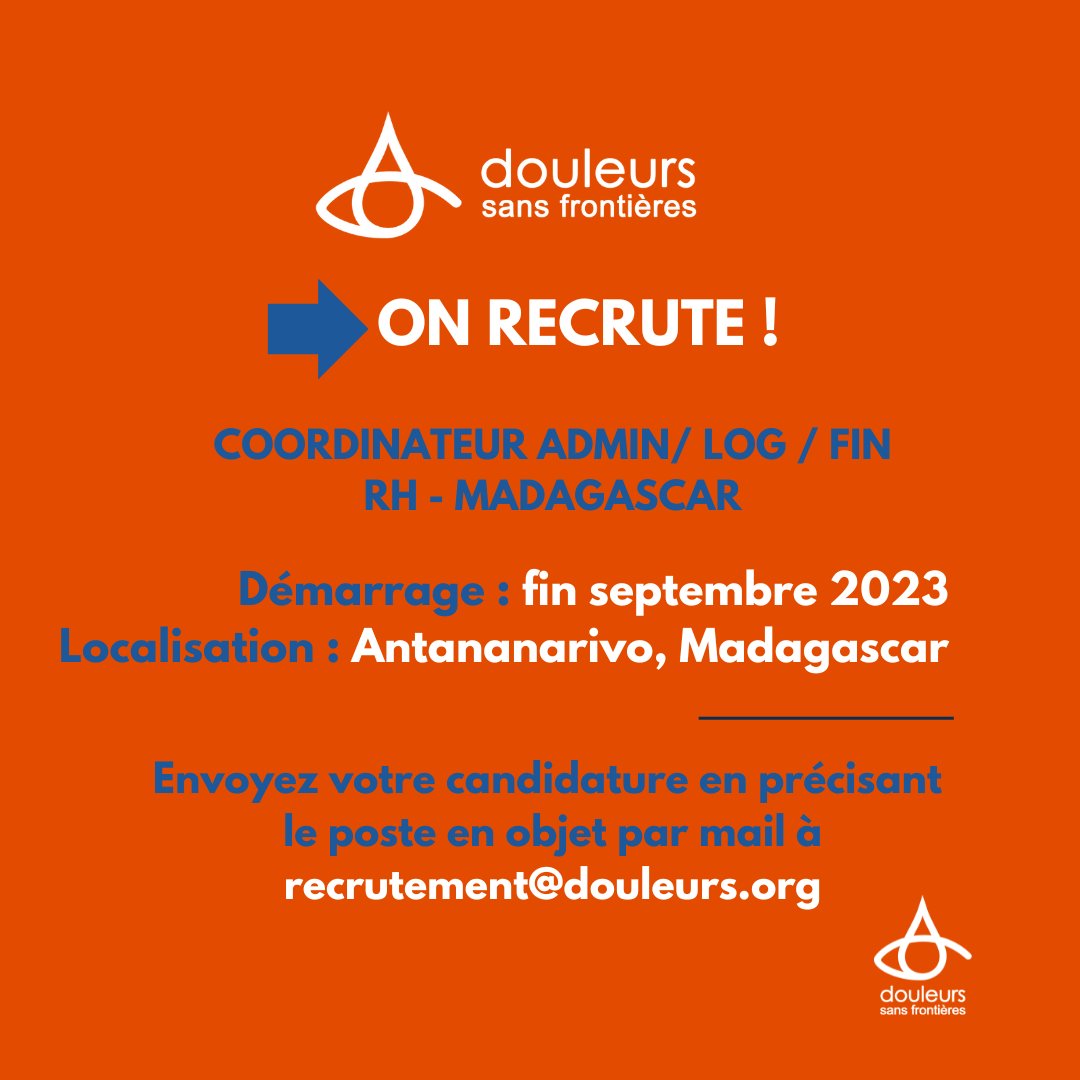 DSF_Solidarite's tweet photo. #DSFRECRUTE
Vous êtes à la recherche d'une nouvelle expérience enrichissante? 
🔎Nous recrutons 1 Coordinateur.rice Admin/Log/ fin RH - 📍 Madagascar
👋Pour consulter toutes nos offres à pourvoir, RDV dans le lien https://t.co/GD1vhUCCPa

#Offredemploi #DSF #ONG https://t.co/KfTBiE5pyd