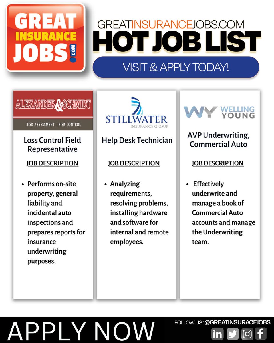 InsuranceJobs1's tweet image. 🔥 Hot jobs alert!🔥

Alexander &amp;amp; Schmidt 
greatinsurancejobs.com/job/6778150/lo…

Stillwater Insurance Group
ow.ly/jWvO50O1tur

Welling Young
ow.ly/j0Pj50O1tuu

 #jobsearch #jobopportunities #careergrowth #insuranceindustry