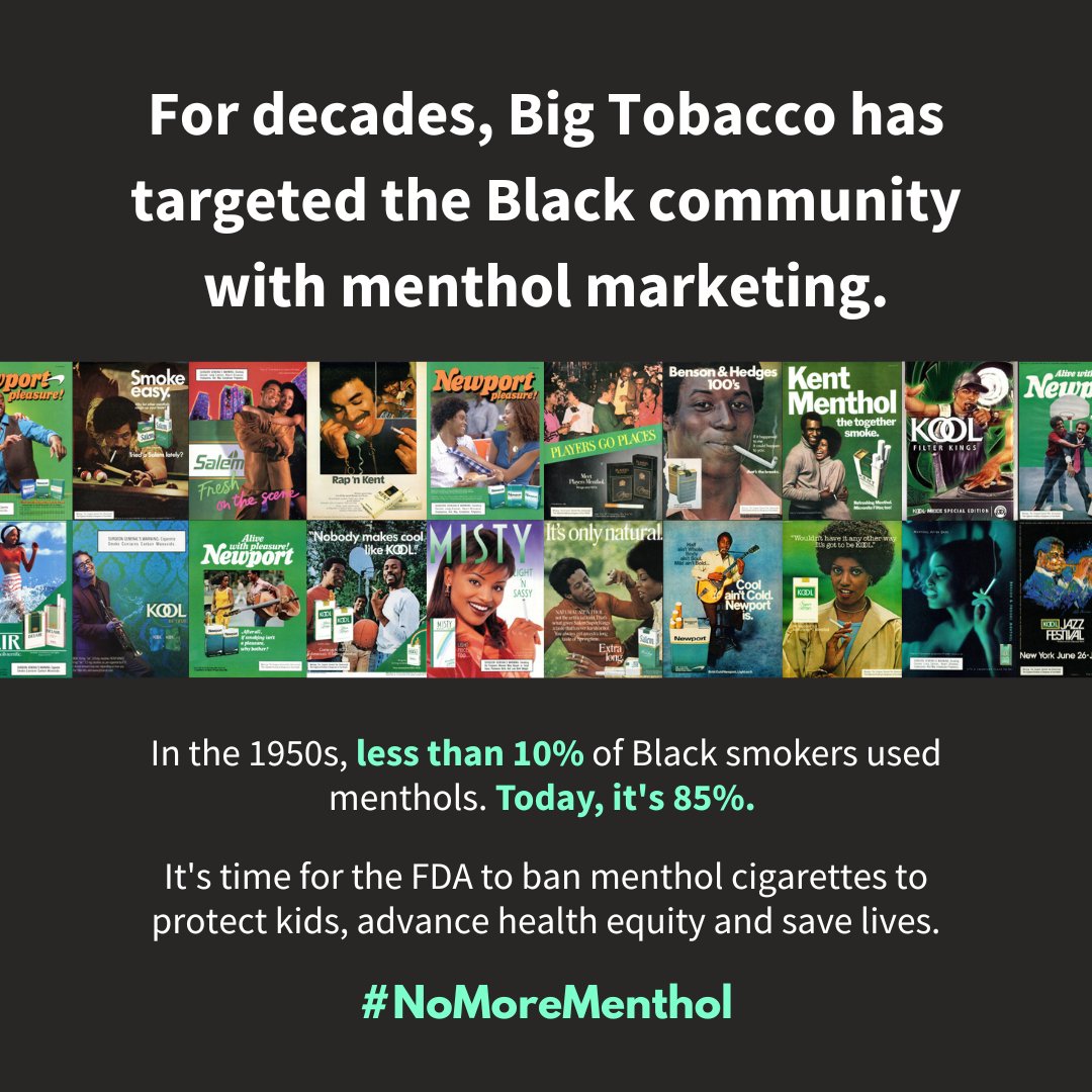 The tobacco industry has targeted the Black community with menthol cigarettes for decades. It’s time for the <a href="/US_FDA/">U.S. FDA</a> to stop this devastating cycle by finalizing the rule to eliminate menthol cigarettes. #NoMoreMenthol