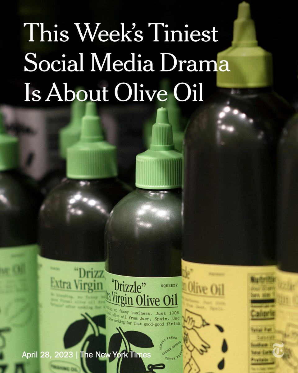 There was drama this week in the olive oil business. An angry LinkedIn post by an entrepreneur kicked off “the olive oil wars” in a small corner of the food world, in part because it raised a slippery question: Who owns the squeeze bottle? nyti.ms/44bzSaI