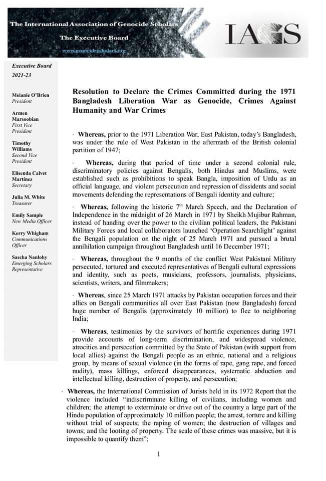 PizuarH's tweet photo. The International Association of Genocide Scholars (IAGS) has adopted a resolution entitled "Resolution to Declare the Crimes Committed during the 1971 Bangladesh Liberation War as Genocide, Crimes Against Humanity and War Crimes".
#RecognizeBangladeshGenocide https://t.co/9DNSudTNrr