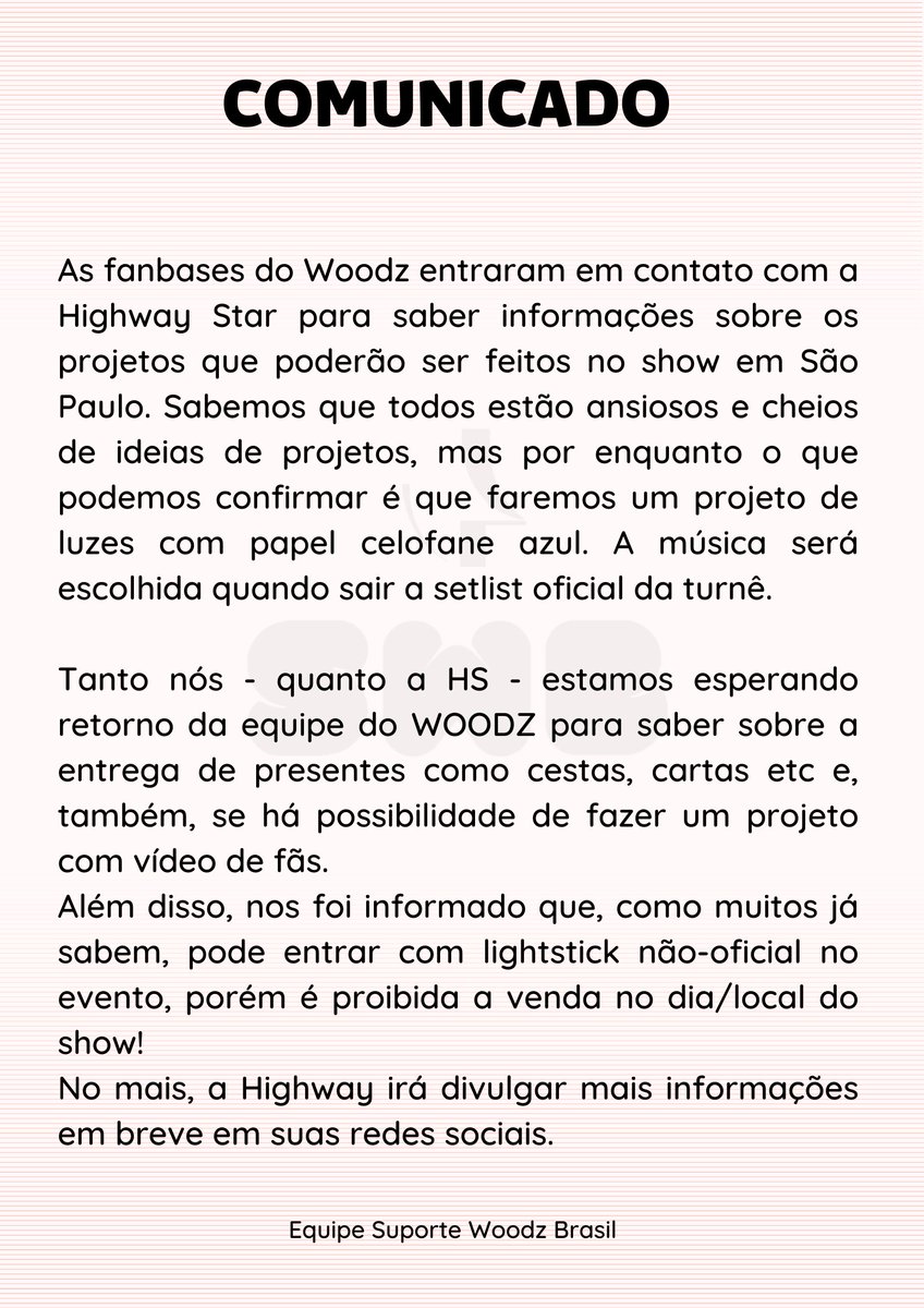 SuporteWoodzBRA's tweet photo. ⚠️ | COMUNICADO

Posicionamento das fanbases a cerca de projetos para o show em São Paulo!! https://t.co/DZ0fYOP6qV