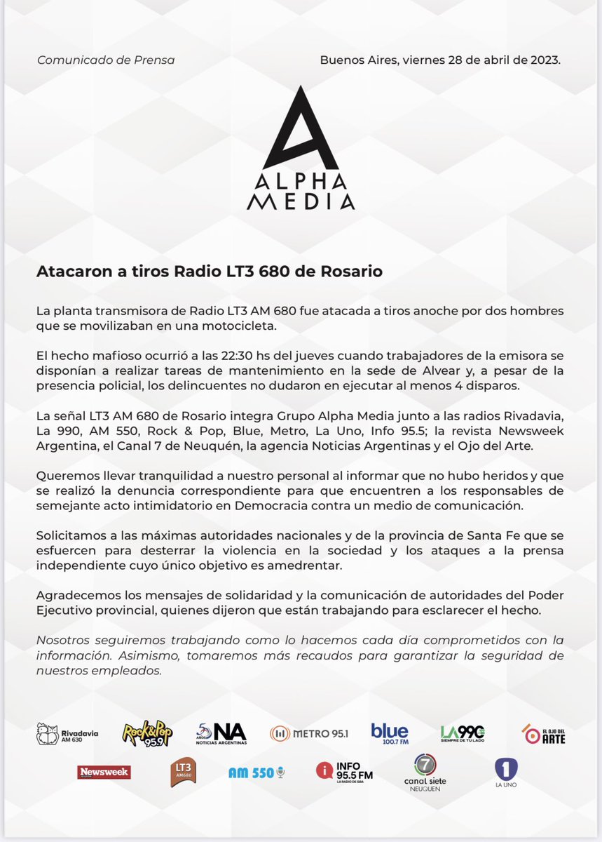 pablomontagna's tweet photo. Atacaron a tiros Radio LT3 680 de Rosario

La planta transmisora de Radio LT3 AM 680 fue atacada a tiros anoche por dos hombres que se movilizaban en una motocicleta. https://t.co/H5tWuRXywO