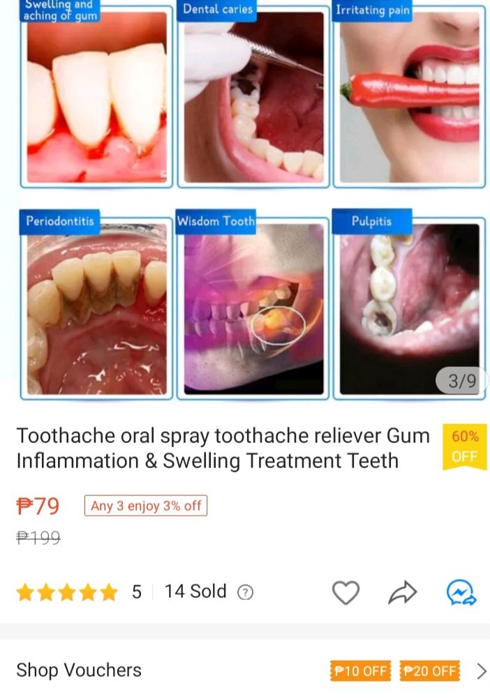 BartolomNim's tweet photo. Check out Toothache oral spray toothache reliever Gum Inflammation &amp; Swelling Treatment Teeth Care 20ml at 60% off! ₱79 only. 

👇👇
🛒Get it on Shopee 
https://t.co/LPWzD0zmDW

#toothache #gumreliever #shoponline #reelshopping #shopeeph #onlinebudolfinds https://t.co/cxd9hg4c2g
