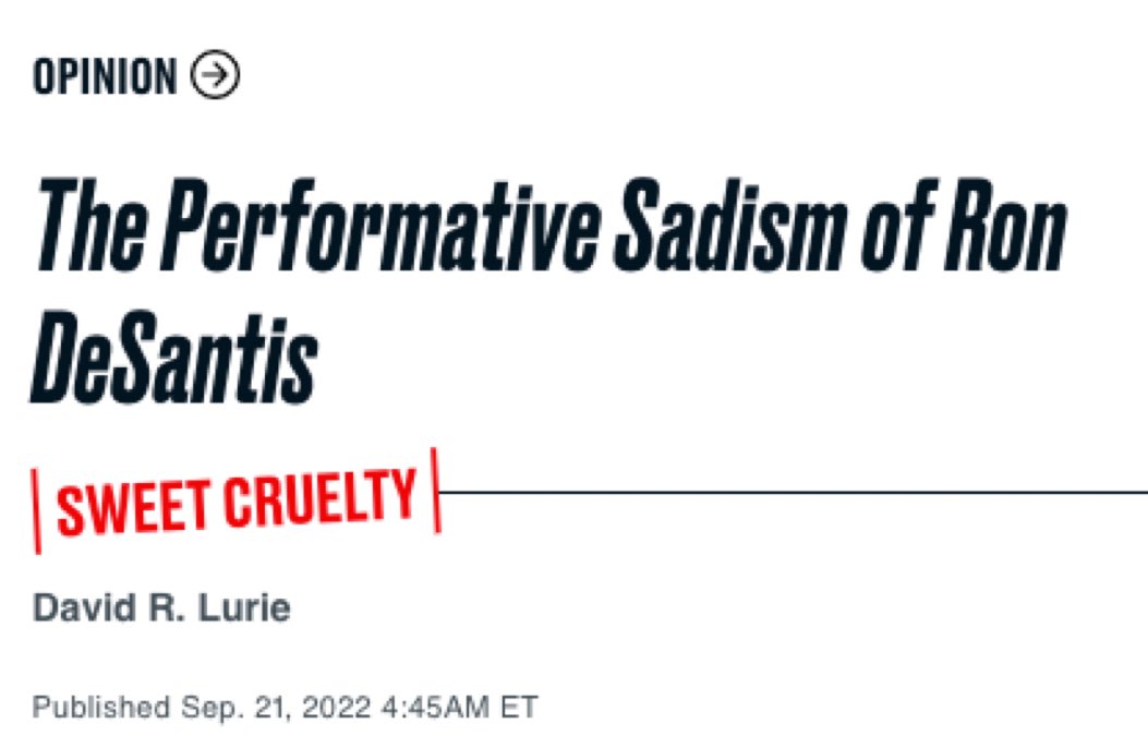 highbrow_nobrow's tweet photo. Attorney @davidrlurie wrote about Ron DeSantis's performative sadism in @thedailybeast.

https://t.co/6qv4A514QI https://t.co/tGGhi6hkBU