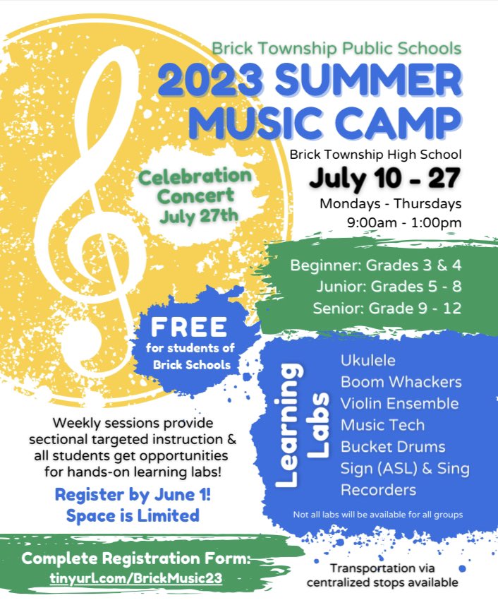 Brick Summer Music Camp is BACK! 🎶🎉 Registration is open until June 1! Tinyurl.com/BrickMusic23 <a href="/BrickSupt/">Thomas G. Farrell, Ed.D., M.B.A.</a> @MsMac_BTPS