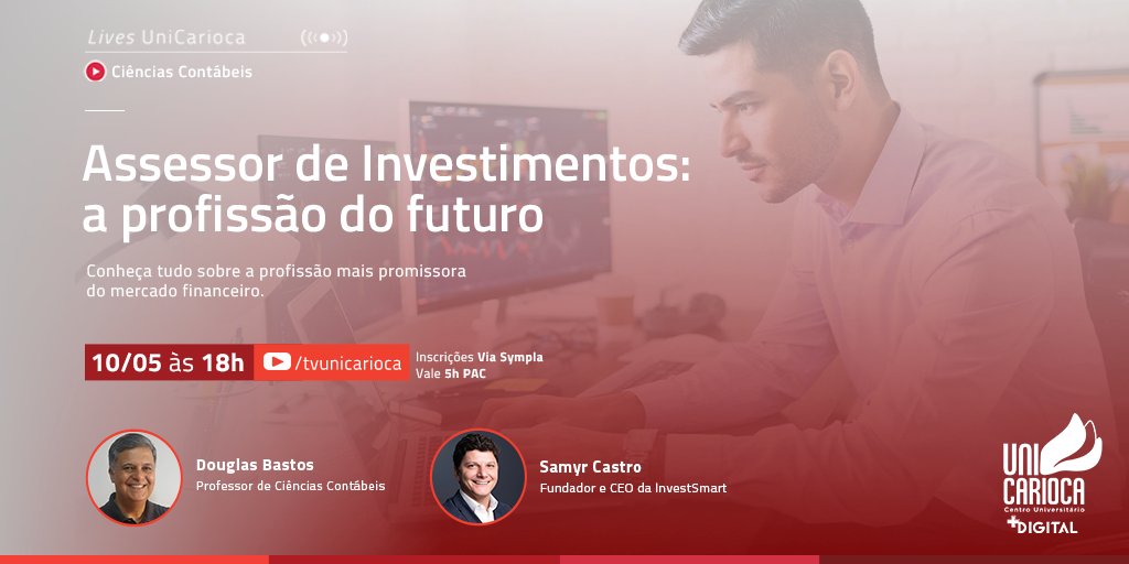 A Coordenação do Curso de Ciências Contábeis da UniCarioca promoverá uma LIVE com o tema "Assessor de Investimentos: a profissão do futuro"​, no dia 10 de maio, às 18h. 

Confira a programação e participe!
bit.ly/3oM1Cm5