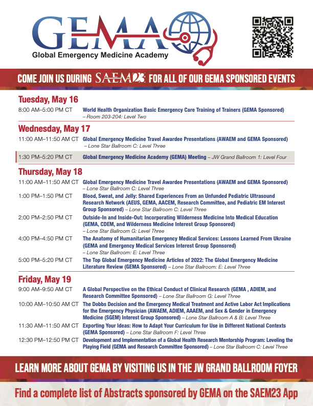 Get ready for some great events on #globalhealth, #humanitarianresponse and #emergencymedicine research and education at #SAEM23 in Austin!