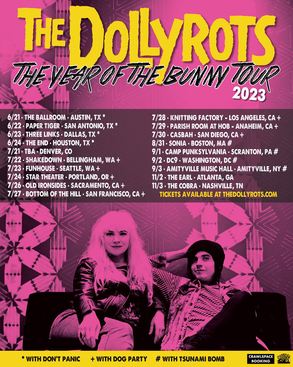 dogpartylive's tweet photo. JUST ANNOUNCED 💖 we’re supporting @TheDollyrots on part of their The Year of the Bunny Tour 🐰 🐶 🎉  swipe for details + a #throwback 🎟️ ON SALE MONDAY 📸: @JessMonaPhoto https://t.co/jv1e42i5qk