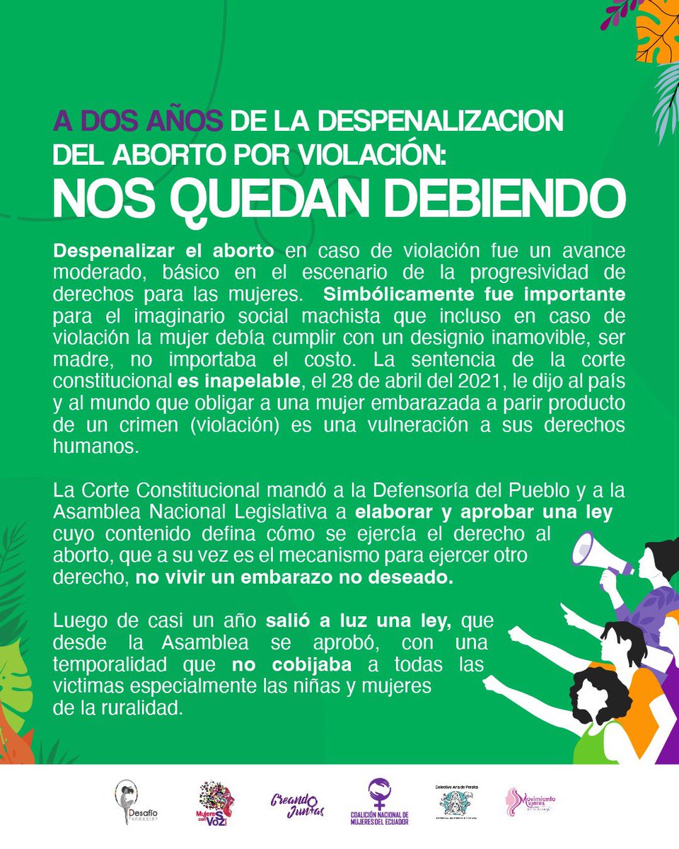 DesafioDerechos's tweet photo. #NosQuedanDebiendo a 2 años d la despenalización d #AbortoPorViolacion las mujeres seguimos luchando x una ley q responda a la realidad d violencia sexual y espera q la @CorteConstEcu tramite las demandas d inconstitucionalidad p’ cambiar la ley actual q impide el acceso https://t.co/pocpMNrUwZ