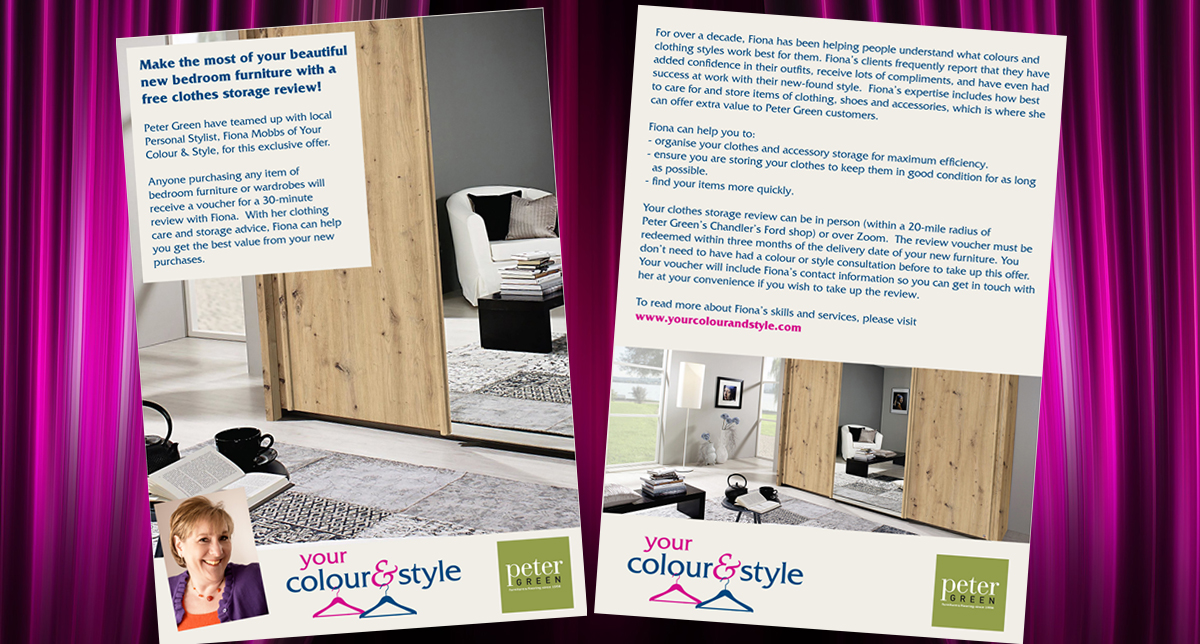 FIONAMOBBS's tweet photo. I am thrilled to announce a joint promotion with prestigious furnishings store @peter_green_

Anyone purchasing any item of bedroom furniture will receive can have a free 30-minute storage review with me!
Full details in store

#bankholidayweekend #promotion #dresswithoutstress https://t.co/1bHrIHQcDl