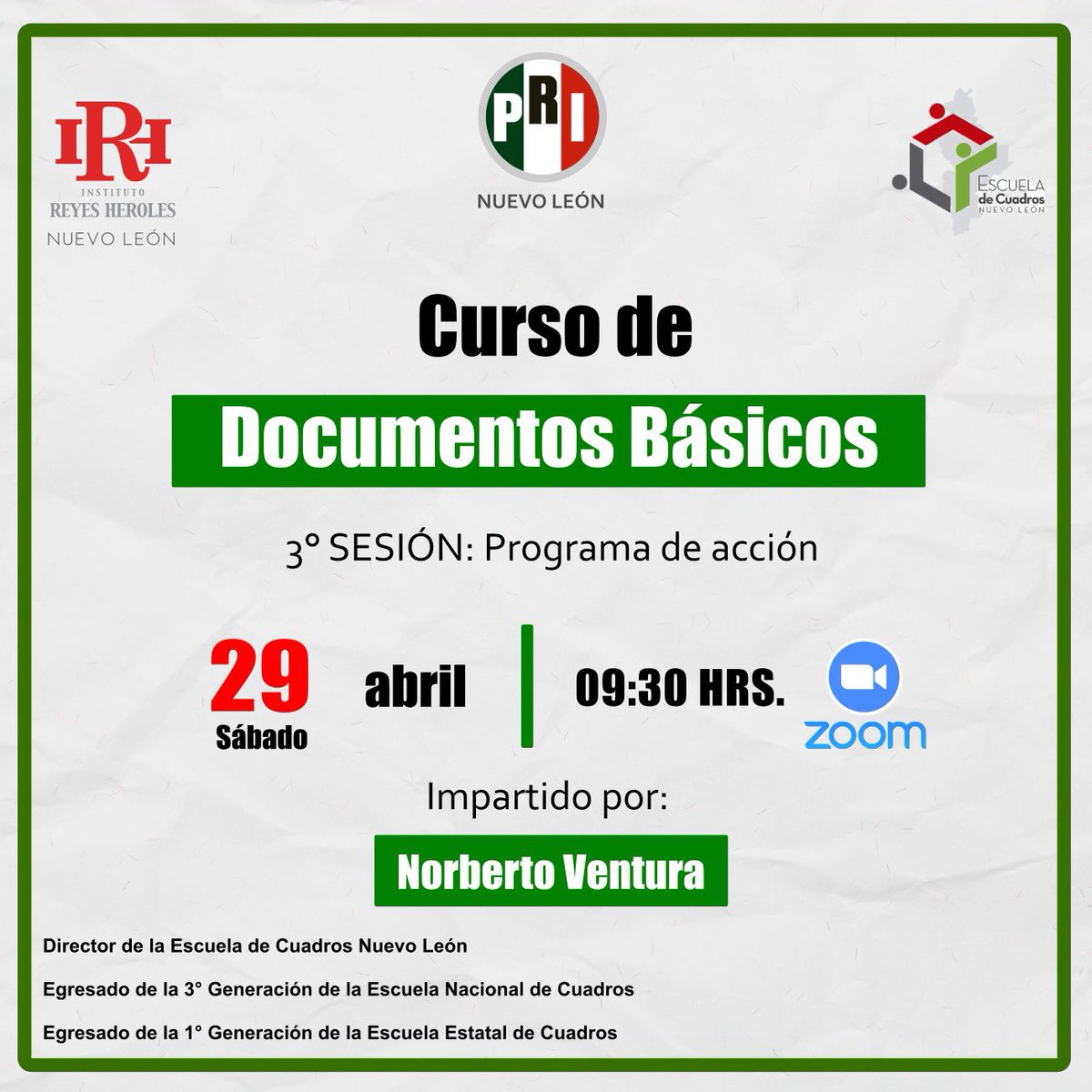 El <a href="/IRHnuevoleon/">Instituto Reyes Heroles Nuevo León</a> los invita a formar parte del Curso de Documentos Básicos, la cual será presentada por el Director de la Escuela de Cuadros Nuevo León, <a href="/NorbertoVentur/">Norberto Ventura</a>. 

🗓️Sábado 29 de abril 
⏰09:30 horas 
📲Inscríbete aquí: cutt.ly/Q5I8SlH

#SomosReyesHeroles 🇲🇽