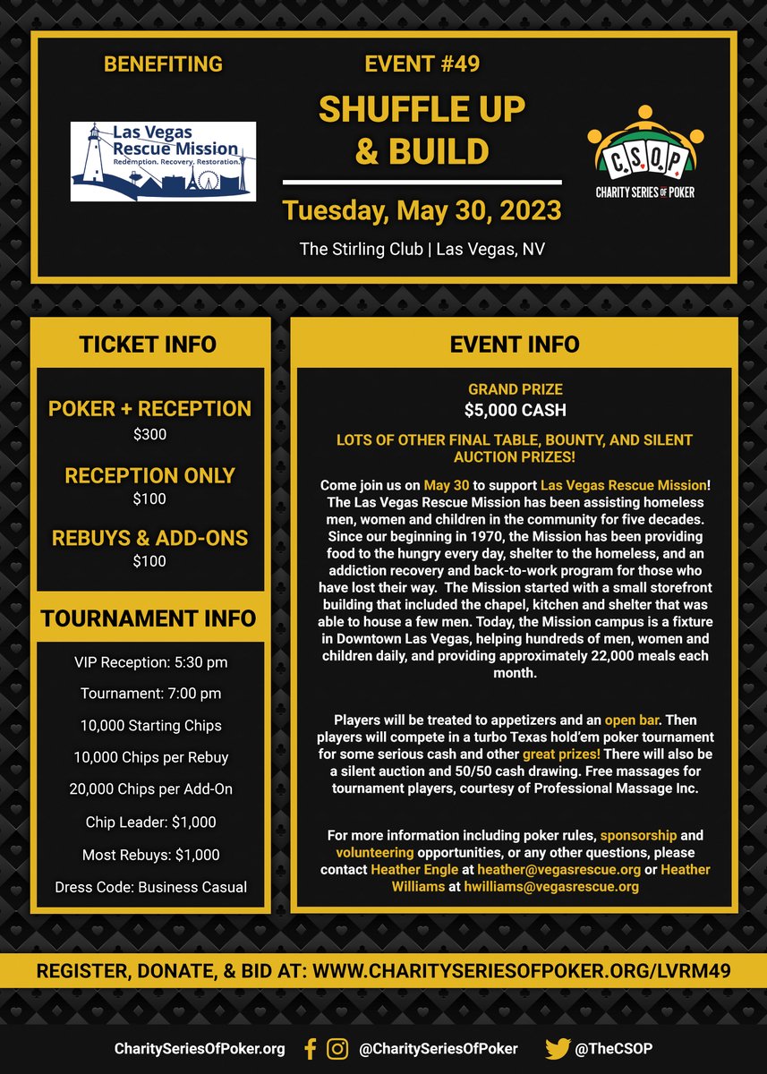 TheCSOP's tweet photo. Join us for #ShuffleUpandBuild #CSOP 49 benefiting Las Vegas Rescue Mission on Tues. May 30th at The Stirling Club! Enjoy a fun-filled evening while giving back.

REGISTER or DONATE at https://t.co/pdCDFytsGF

#CharitySeriesOfPoker #PokerForACause https://t.co/y8Fe57rkd0