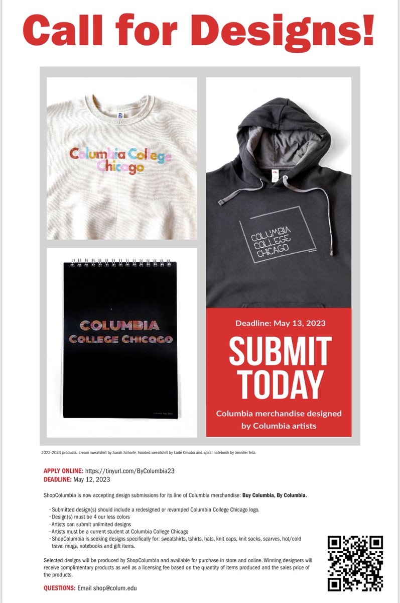CALL FOR DESIGNS!

APPLY ONLINE: tinyurl.com/ByColumbia23

DEADLINE: May 12, 2023

ShopColumbia is now accepting design submissions for its line of Columbia merchandise: Buy Columbia, By Columbia.