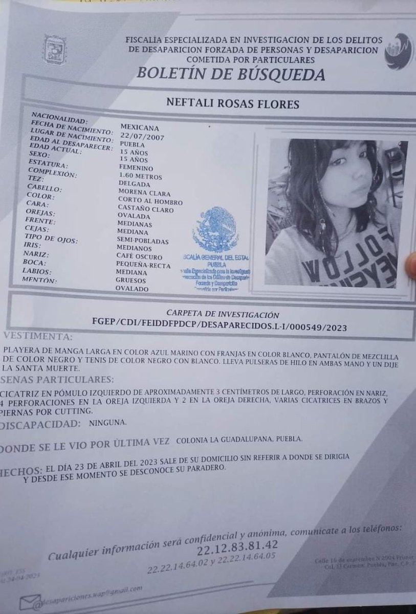 angulosiete's tweet photo. 🚨 #Urgente | Se solicita el apoyo de la comunidad para que #Neftali Rosas Flores regrese a casa.
Fue vista por última vez el 23 de abril en la colonia #LaGuadalupana de #Puebla.
Si tienes alguna información por favor llama al
☎️ 22.12.84.81.42 https://t.co/W66D2j2Smx