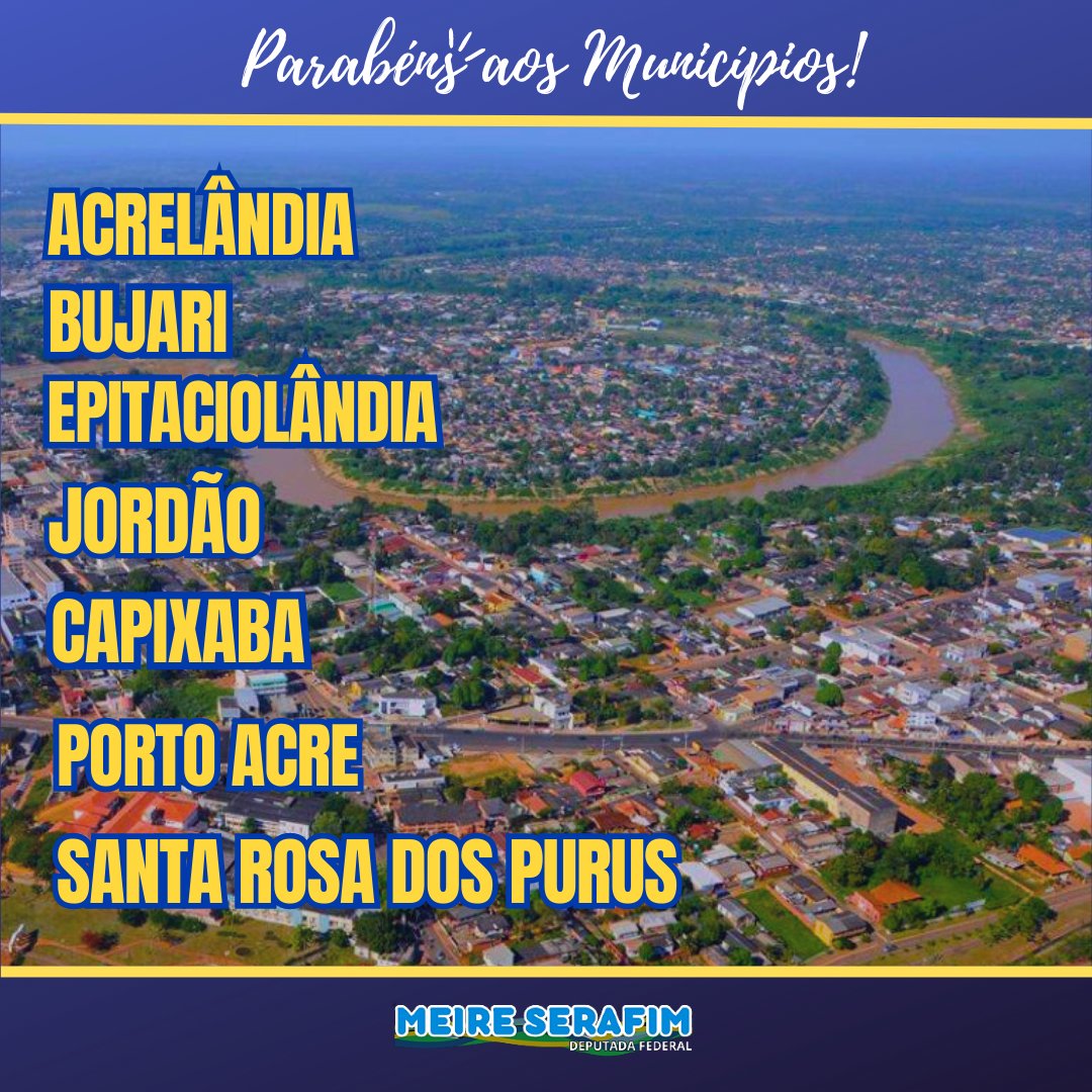 Parabéns aos municípios de Santa Rosa do Purus, Acrelândia, Capixaba, Bujari, Jordão, Porto Acre, e Epitaciolândia, pelos 31 anos de emancipação política. Desejo muita prosperidade e conquistas a essas cidades de gente acolhedora, aguerrida, e batalhadora. Contem comigo! #Acre