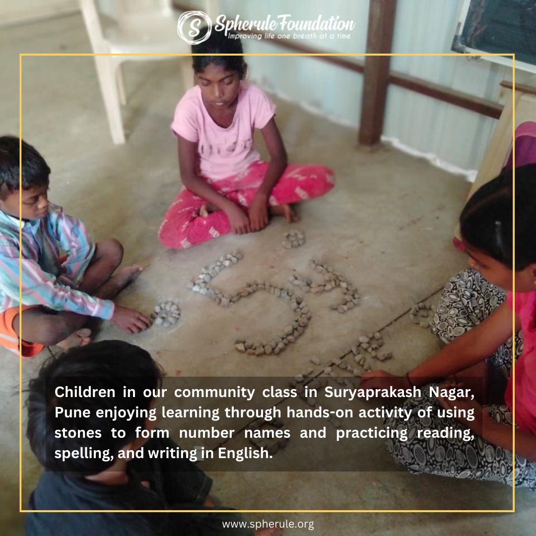 SpheruleNGO's tweet image. Children in our community class in Suryaprakash Nagar, Pune enjoying learning through hands-on activity of using stones to form number names and practicing reading, spelling, and writing in English.
 
#qualityeducation #childeducation #communityclass #spherulefoundation