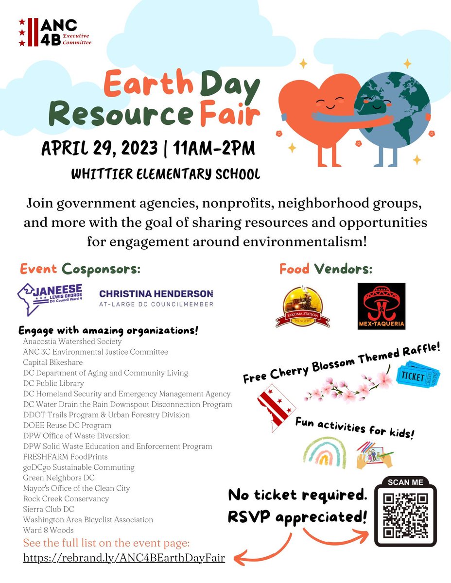 erinfordc's tweet image. In the mood for 🌮 and 🍔? Join #ANC4B's Earth Day Resource Fair (Saturday, April 29th from 11 am - 2 pm at Whittier Elementary School, 6201 5th Street, NW). It's where you'll find the good eats, with J&amp;amp;J Taqueria and @takomastationDC Wingery food trucks. Yum!