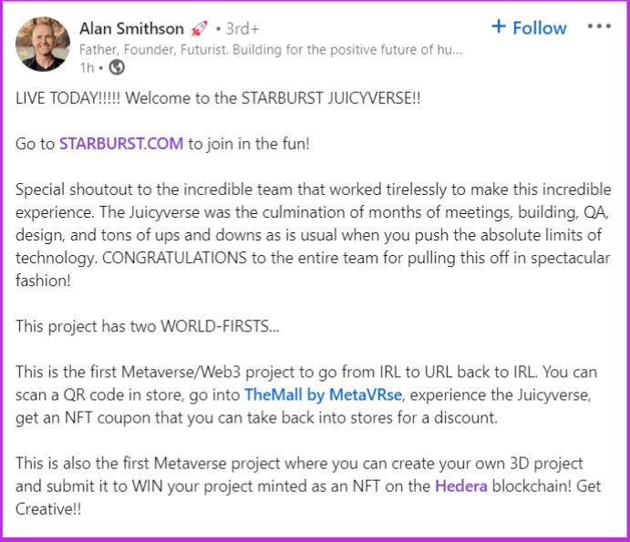 HederaInform's tweet photo. @Starburst @hedera Source: @AlanSmithson1 Co-founder at @MetaVRse posted this about the @Starburst Juicyverse.
#Hedera #HBAR #Starbust #live https://t.co/Cmg6VgzTCB