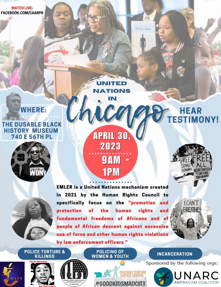 GKMC18's tweet photo. This Sunday @UN is visiting #Chicago as part of a national tour for the Expert Mechanism to Advance Racial Justice and Equality. They will hear testimonies from Black community members who have experienced police violence. Join us @chitorture @CAARPRNow @thewapb &amp; more! https://t.co/NcV0Cxg6y8