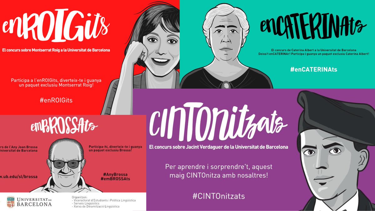 llenguaUB's tweet photo. Eeeeei! Recordeu l’#enFABRAts, l’#emBROSSAts i l’#enCATERINAts l'#enROIGIts i el #CINTOnitzats? Doncs aquest mes de maig torna el concurs literari ✍ de la @UniBarcelona
I enguany, qui deu ser? Us hem donat pistes? 📷#LlengüesUB https://t.co/odQnBIMgvf