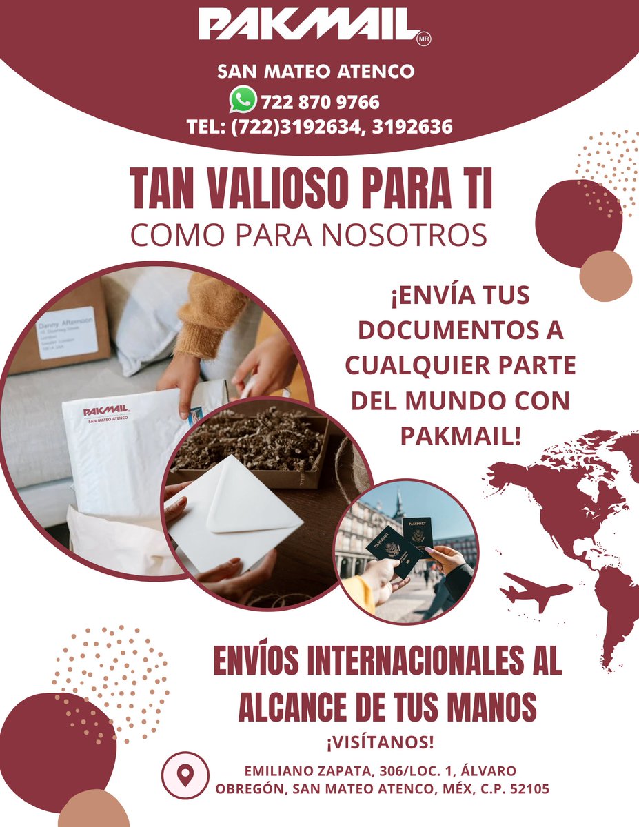 PakmailSMA's tweet photo. El equipo de #PakmailSMA está listo para ayudarte. ¡Por eso hacemos tu servicio posible llegando a cualquier parte del mundo!📦📬✈️🌐
¡Visítanos y conoce porque somos tu mejor opción!📥💁
#ExpertosEnEmpaque 
#SanMateoAtenco #Pakmail #Envíos #Paquetería   #Toluca #metepec https://t.co/9YNx952lxf