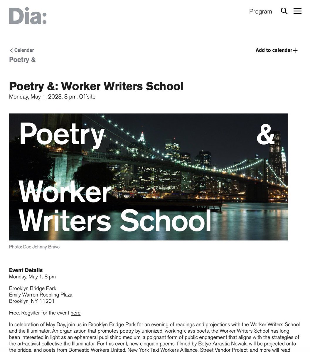 MAY DAY : INTERNATIONAL WORKERS DAY

BROOKLYN BRIDGE POEM PROJECTIONS : 8PM

diaart.org/program/calend…

#Brooklyn #BrooklynBridge #NYC #MayDay2023 #PublicArt #Poetry