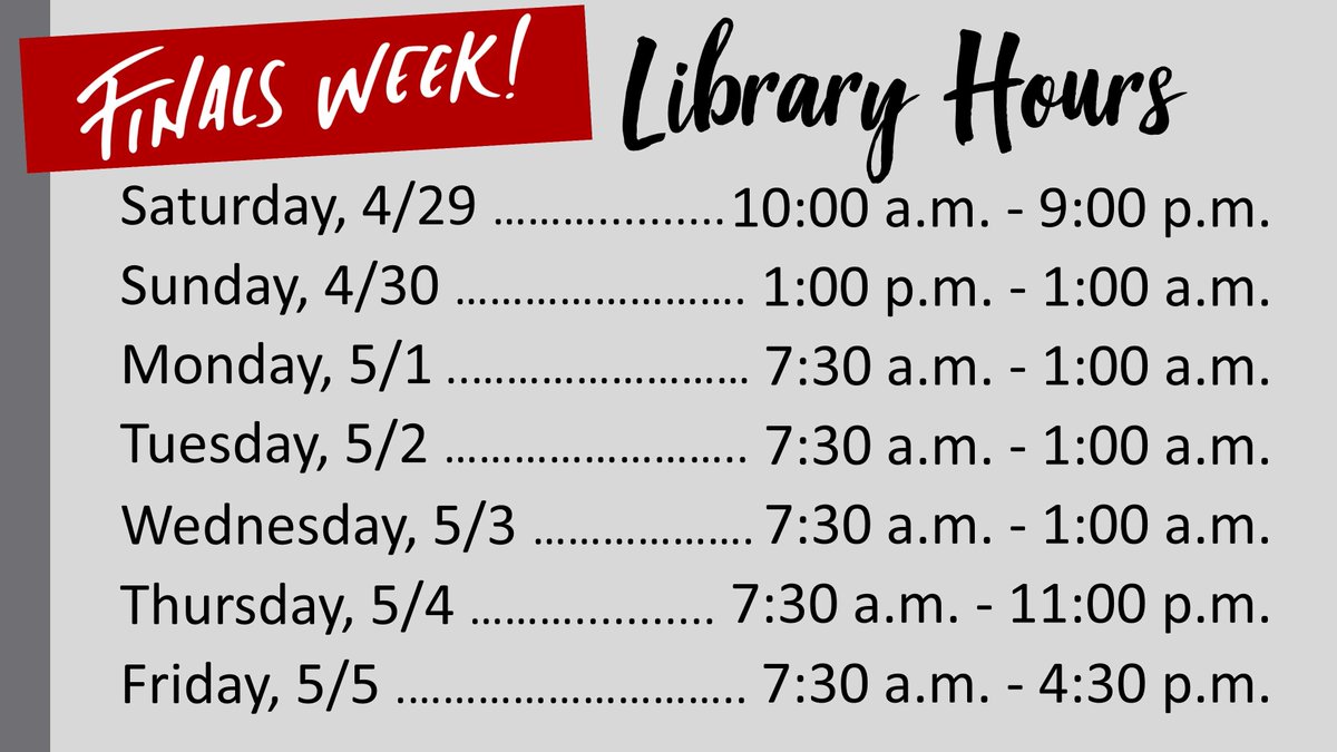 Warriors: it's finals time &amp; Snowden Library has got you covered! We've got later hours to accommodate your studying &amp; research needs! #FinalsWeek #ExtendedHours