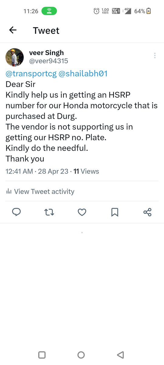 veer94315's tweet photo. @nitin_gadkari Sir
Kindly help us in getting an HSRP Number plate for our Motorcycle
We tried to get the Contact the Vendor Showroom i.e Anaal Honda Bhilai from where we had purchased our Vehicle but they are not supporting us
The Vehicle Registration detail is CG 07 AT - 4269 https://t.co/fh24YPat19